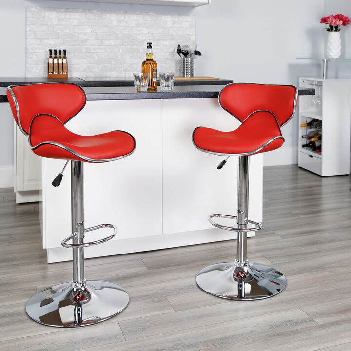 Flash Furniture Devin Contemporary Cozy Mid-Back Red Vinyl Adjustable Height Barstool with Chrome Base