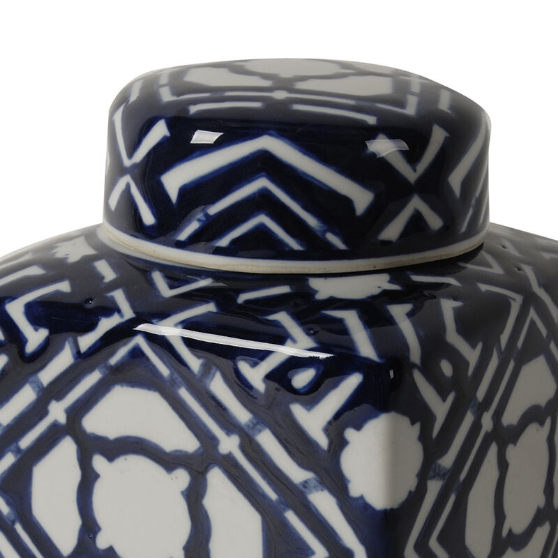 10 Inch Lidded Jar, Porcelain Construction, Deep Blue Graphic Trellis - Benzara