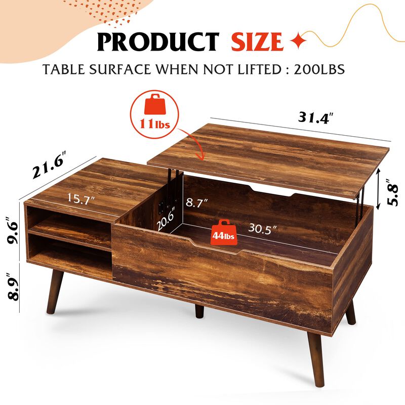 WLIVE Coffee Table, 47 Lift Top Coffee Tables with Adjustable Storage Shelf and Hidden Compartment, Lift Tabletop Dining Table f