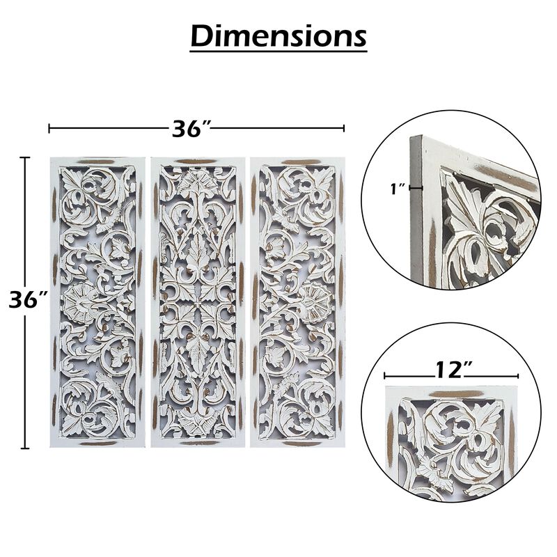 Leva 3pc Wood Wall Decor Set, Moroccan Floral Carving, Antique White Finish, 36 Inch Square image number 3
