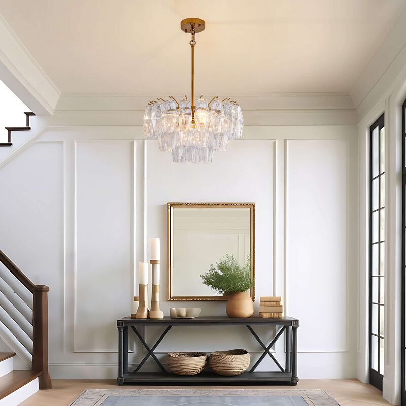 Hilaria Medium-gloss Brushed Brass Finish 3-Light Multi-faceted Clear Glass Shade Round Tiered Chandelier image number 7