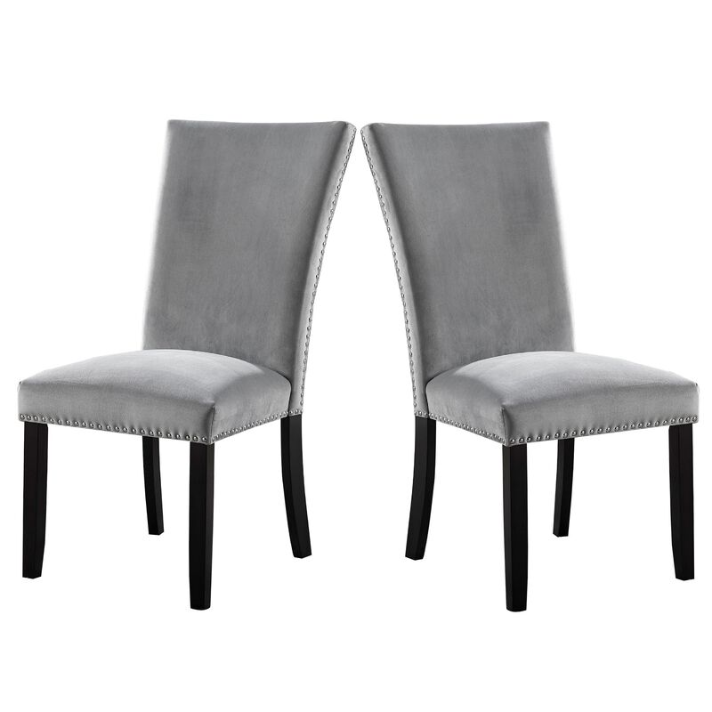 28 Inch Dining Side Chair Set of 2, Padded Gray Flannelette, Black Wood - Benzara