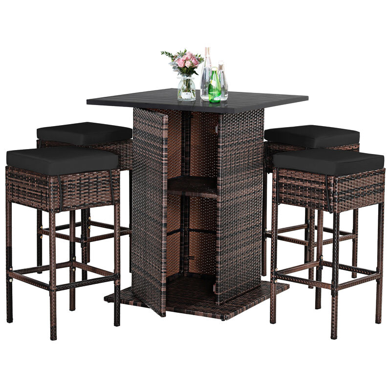 5 Pieces Patio Rattan Bar Table Stool Set Hidden Storage Shelf Cushioned