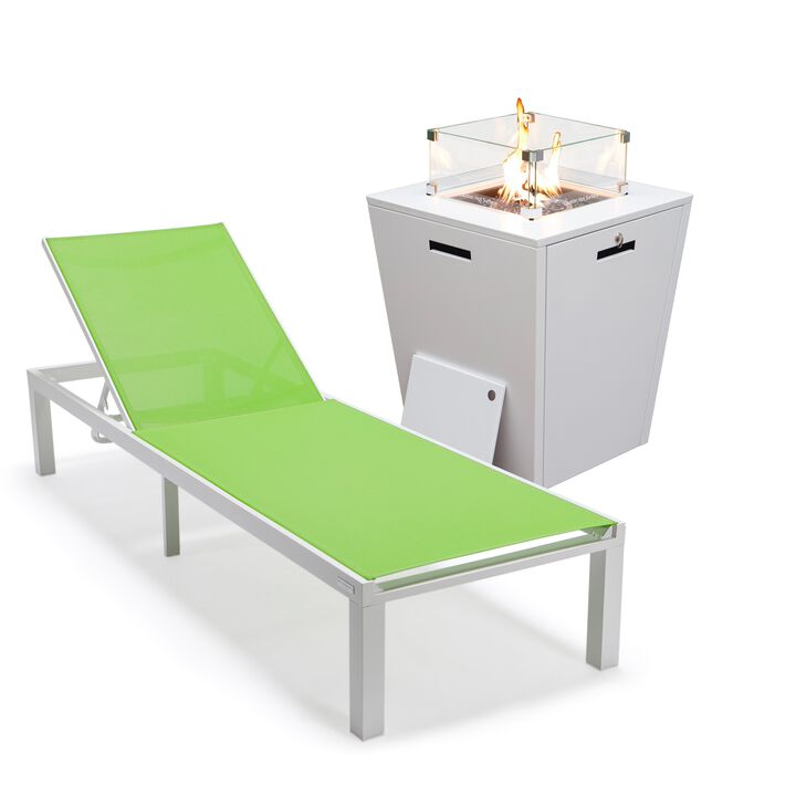 LeisureMod Marlin Modern Black Aluminum Outdoor Patio Chaise Lounge Chair in White Frame with Square Fire Pit Side Table