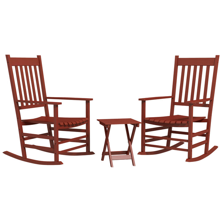 Outsunny Wooden Rocking Chair Set w/ Foldable Side Table, Outdoor Rocker Chairs with Curved Armrests, High Back & Slatted Seat for Garden, Balcony, Porch, Supports Up to 352 lbs., Wine Red
