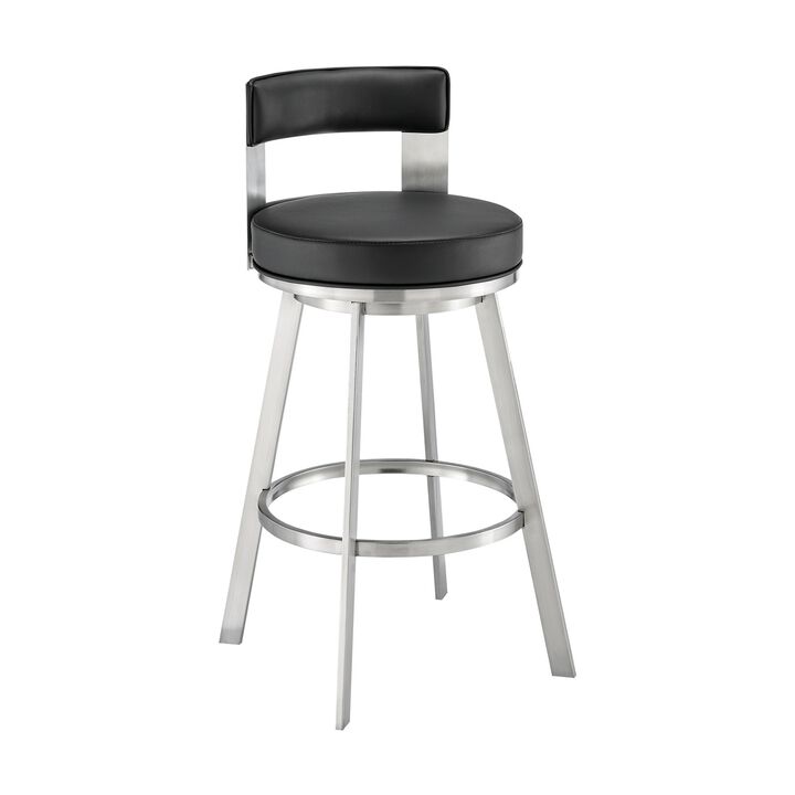 Ami 26 Inch Swivel Counter Stool Chair, Black Faux Leather, Stainless Steel - Benzara