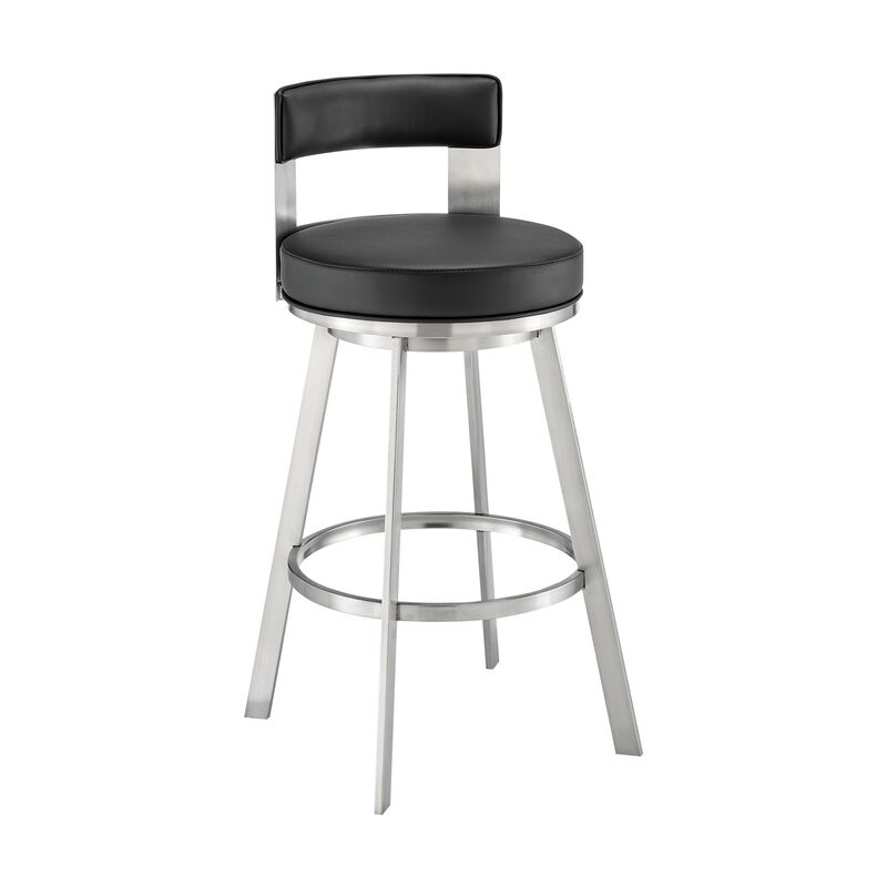 Ami 26 Inch Swivel Counter Stool Chair, Black Faux Leather, Stainless Steel - Benzara