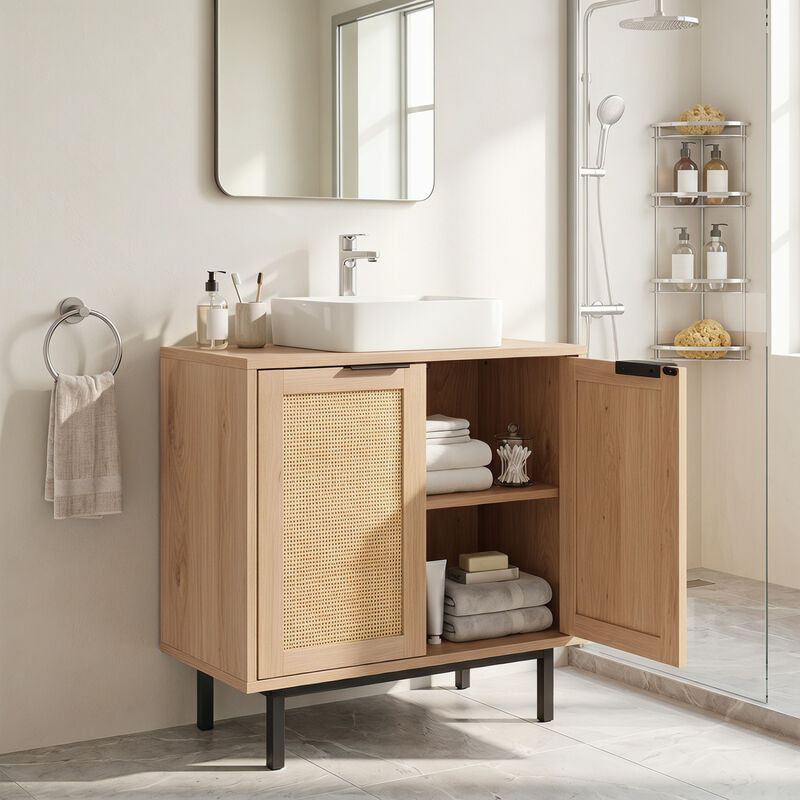 Modern Bathroom Vanity Cabinet with Rattan Doors and Cut-Out image number 4