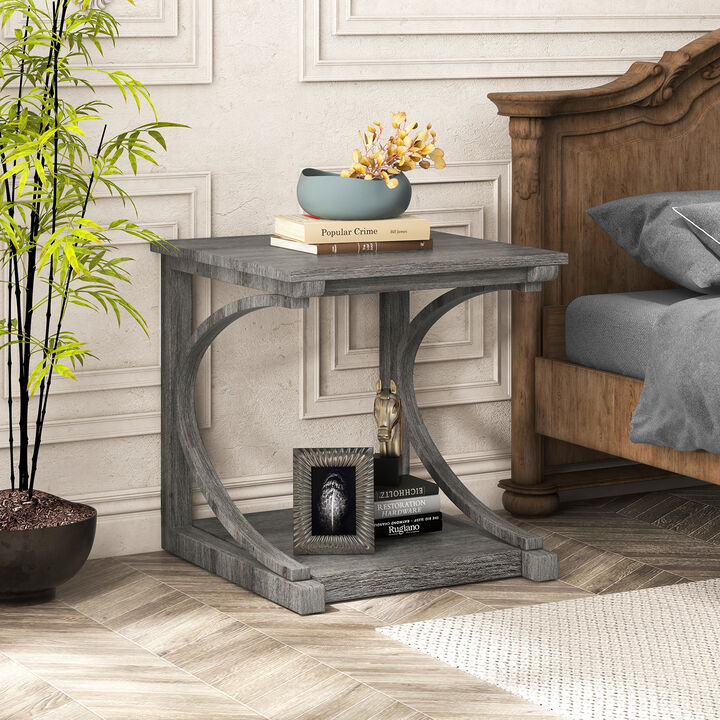 C-Shaped 2-Tier Square End Table for Sofa or Living Room