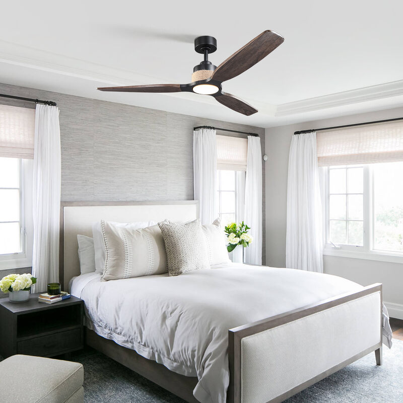 56 in. Matte Black Integrated LED Dimmable Solid Wood Blades Ceiling Fan with Light and Remote