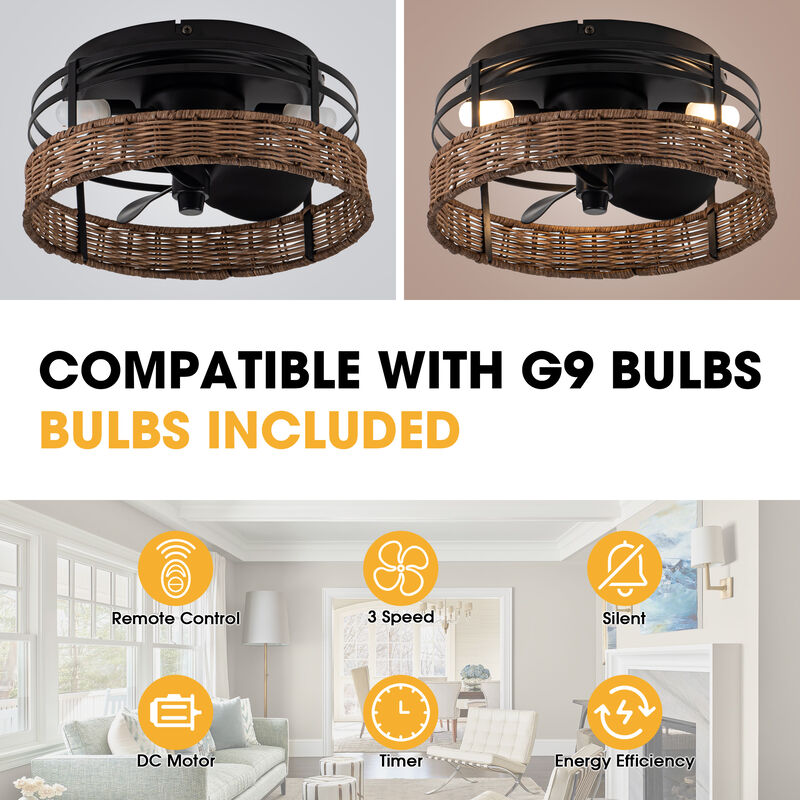 13" Farmhouse Flush Mount Ceiling Fan with Light & Remote