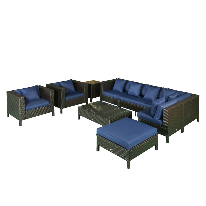 Outside Sitting & Conversation Sofa Set w/ Thick Sofa Cushions & Tea Table, Navy