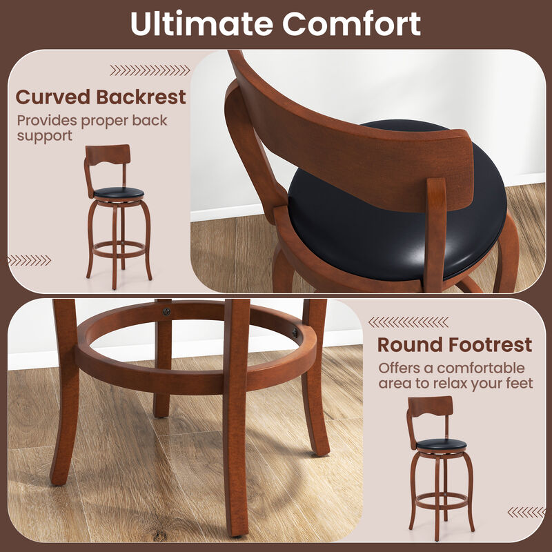 Swivel Bar Stools Set of 2 with Rubber Wood Frame and Upholstered Seat