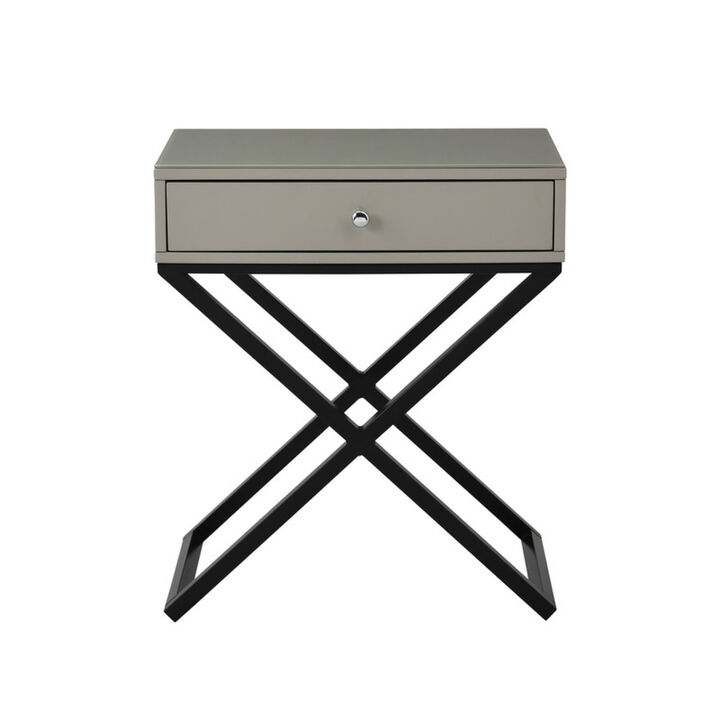 Koda Taupe Wooden End Side Table Nightstand with Glass Top, Drawer and Metal Cross Base