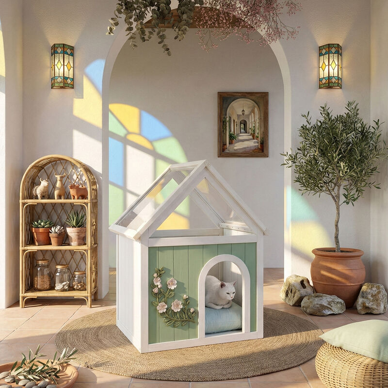 Transparent Roof Wooden Pet House with Floral Carvings Cedar Indoor Shelter for Cats & Small Dogs image number 6