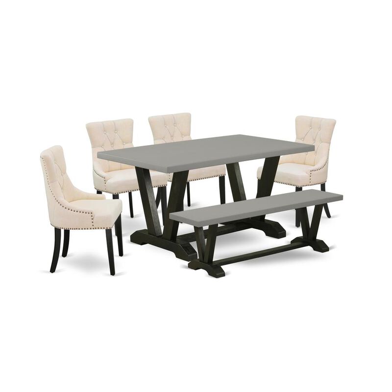 East West Furniture V696FR102-6 6-Pc Modern Dining Set - 4 Parson Chairs, a Bench Cement Top and 1 Modern Cement Dining Table Top with Button Tufted Chair Back - Wire Brushed Black Finish