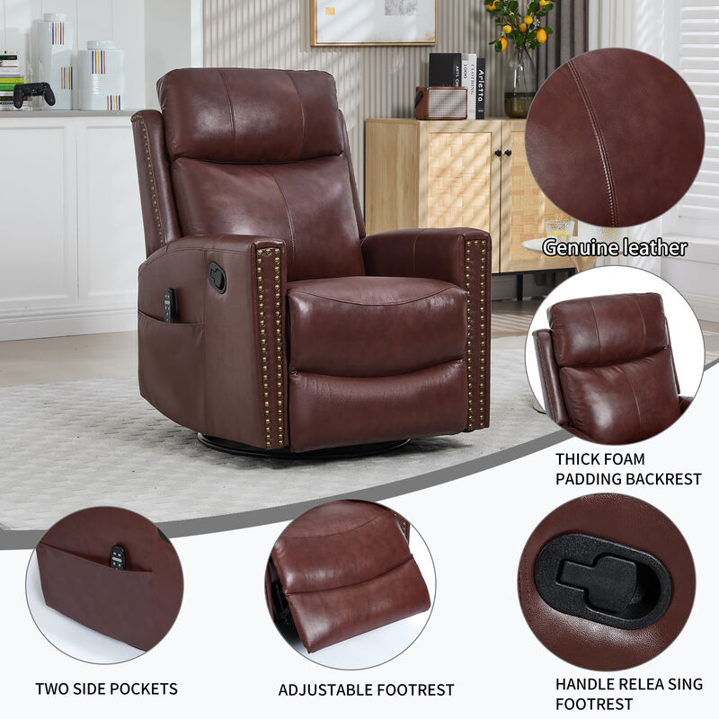 Gnuine Leather Heat Massage Manual Recliner Chair with Rocker and Swivel image number 5