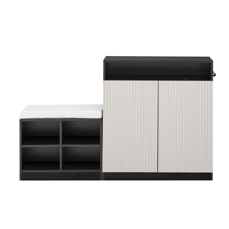 Merax Shoe Bench, 2 Doors and 3-Tier Adjustable Shelves, Entryway Bench with 4 Open Shoe Racks and Removeble Cushion image number 0