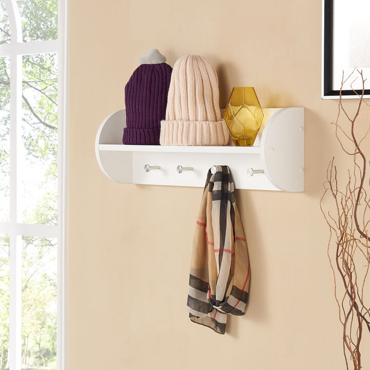 White Utility Shelf with Four Large Stainless Steel Hooks