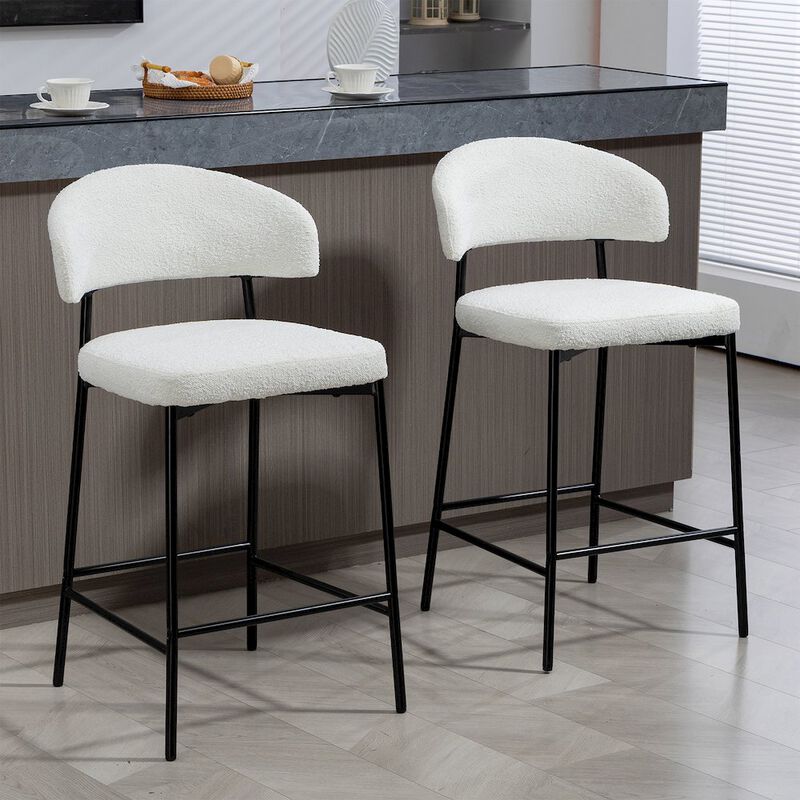 Glamour Home Set of 2 Bennett White Boucle Upholstered Fabric Counter Stool Black Iron Legs