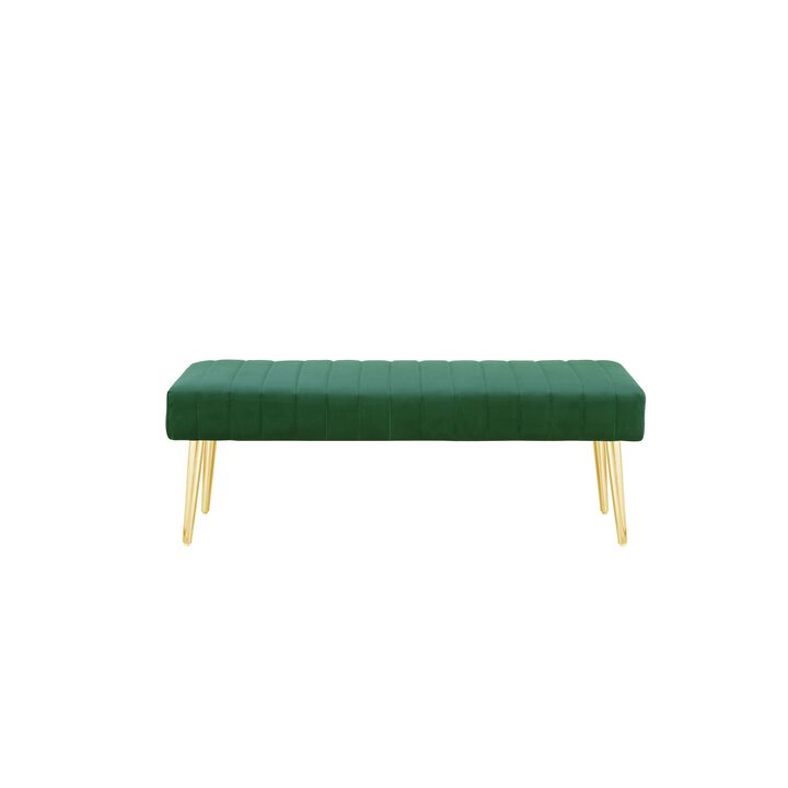 Lida 45 Inch Bench, Cushioned Channel Tufting, Green Velvet Upholstery, Gold - Benzara