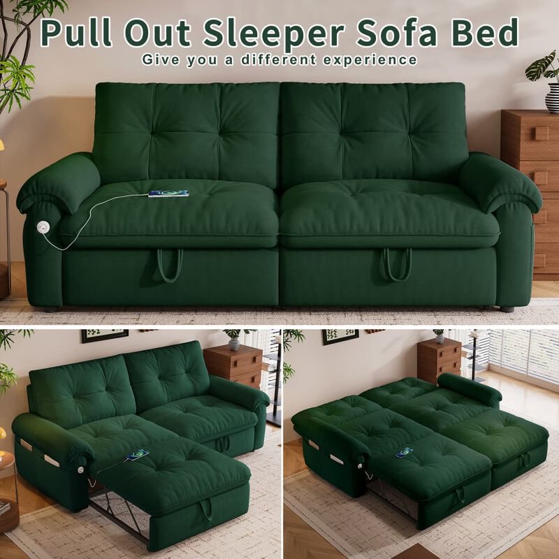 77 inch Convertible sleeper sofa bed, Plush fabric loveseat futon with USB ports and side pockets, sofa bed for small apartments image number 4