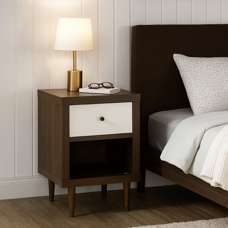 Minie Nightstand with 1 Drawer, Shelf, Modern White and Walnut Brown - Benzara