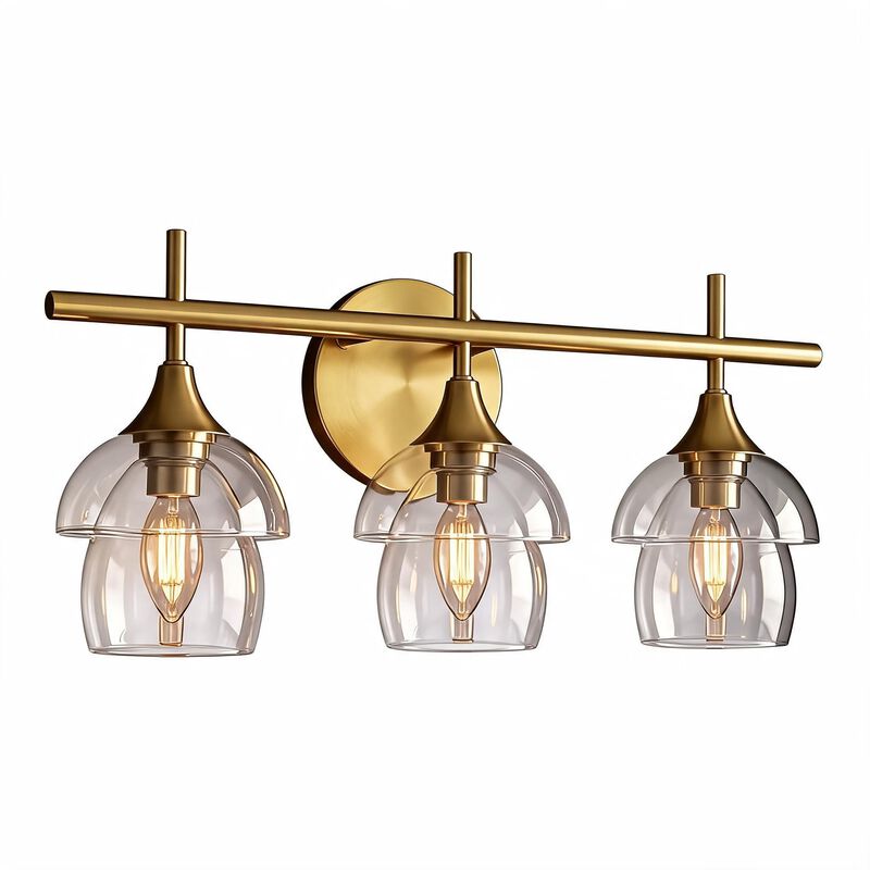 Gold Bathroom Vanity Light, Three-Light Tiered Clear Glass Shades image number 0