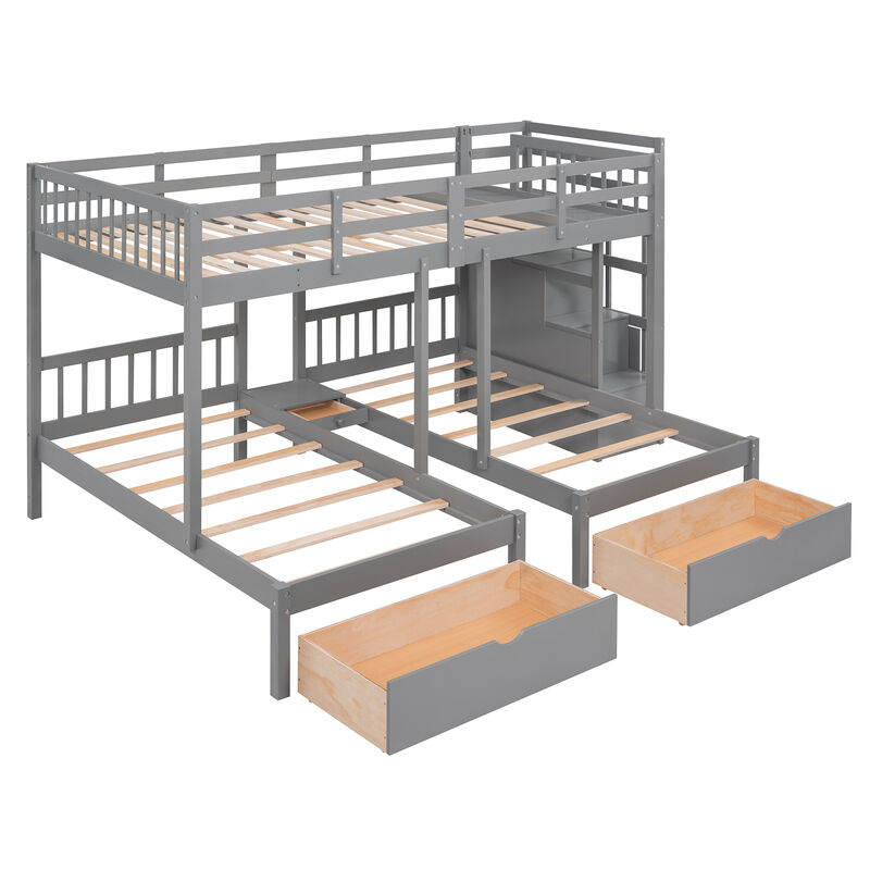 Whisen Full Over Twin & Twin Bunk Bed, Wood Triple Bunk Bed with Drawers and Guardrails- White