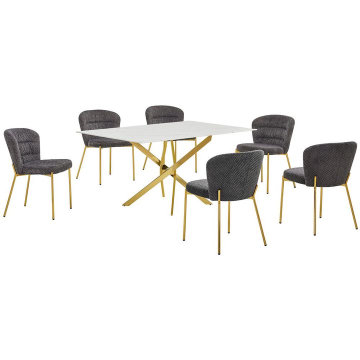 Best Quality Furniture Rectangle Tempered Glass Dining Table With 6 Dark Grey Side Chairs