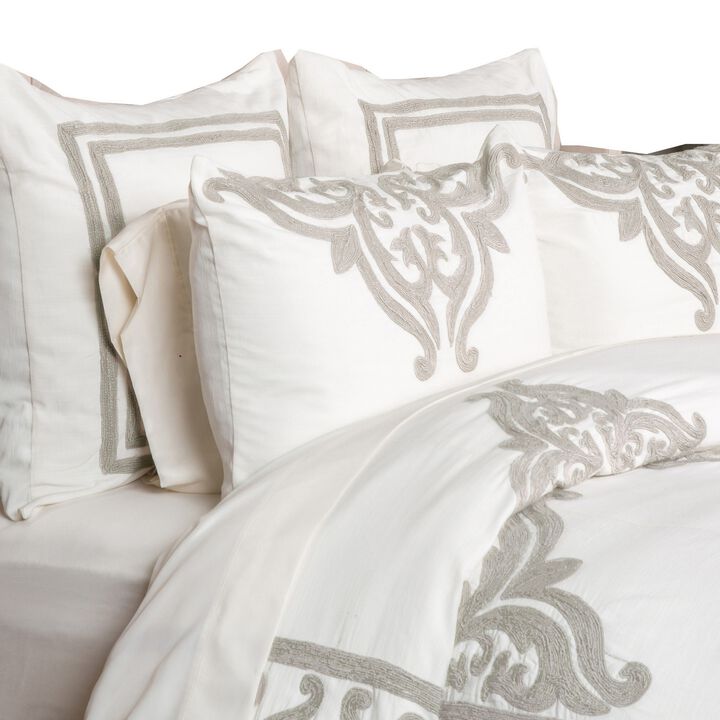 Lenz Cotton Duvet Cover with Hand Stitched Damask Embroidery, Ivory-Benzara