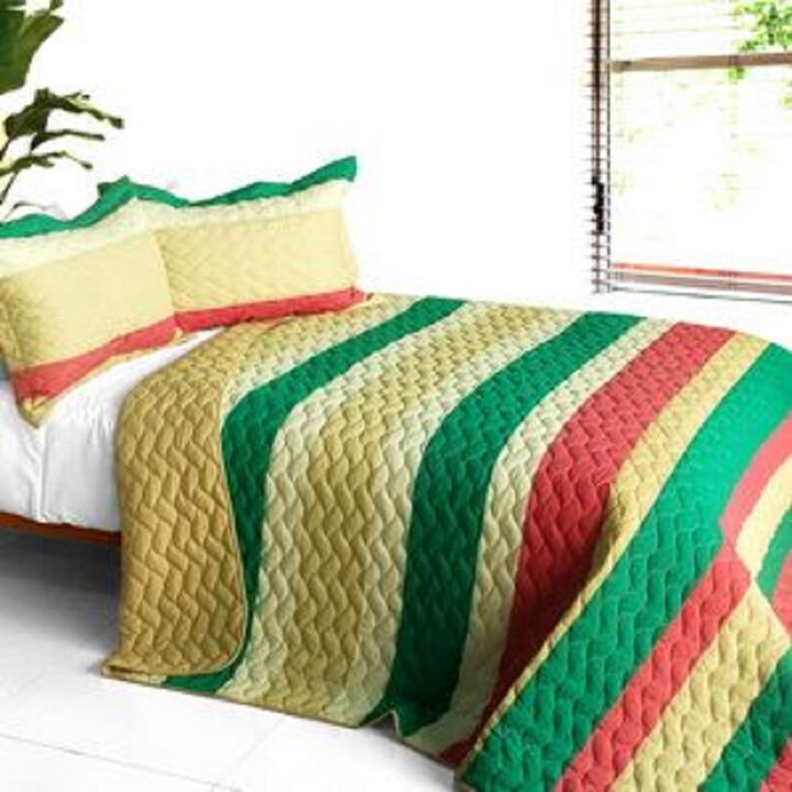 3 Piece Romantic Patchwork Quilt Set, Vermicelli Quilted Bedding Set-Dark Green