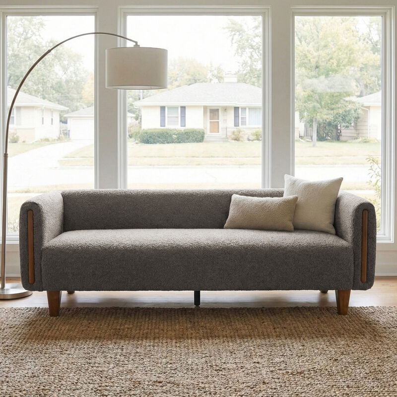 Merax Modern 3-Seater Boucle Sofa with Wood Accent Armrests & Solid Rubberwood Legs image number 1