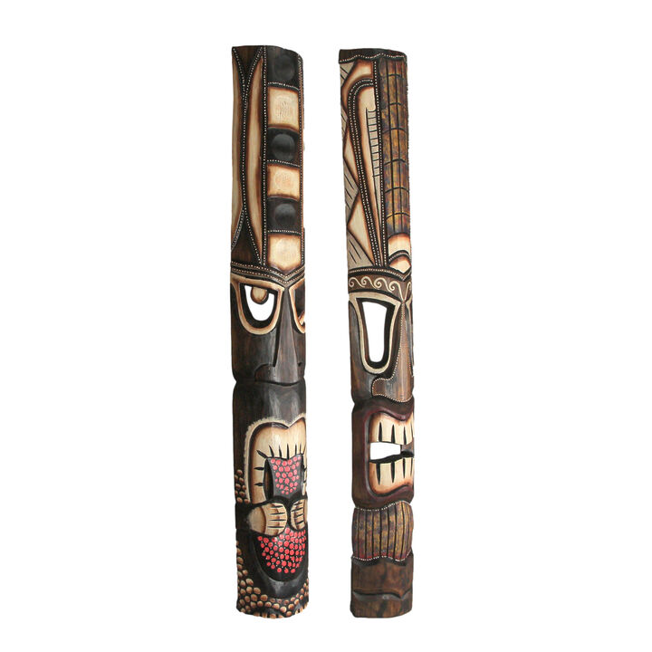 40 Inch Set of 2 Hand Made Wooden Tiki Masks Decorative Tropical Wall Art Decor