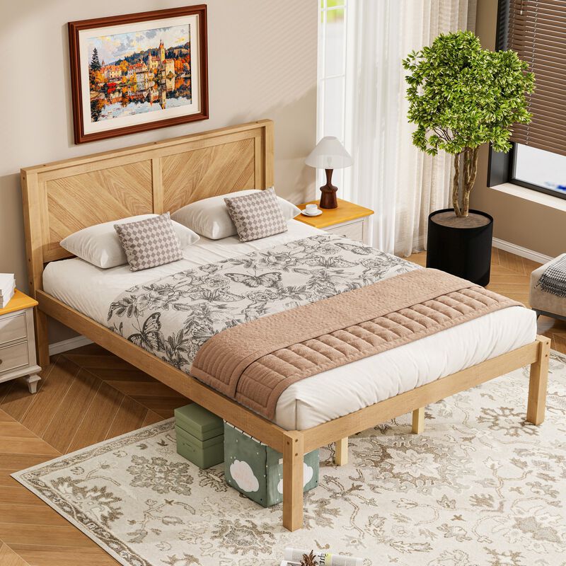Queen Solid Wood Platform Bed with Herringbone Headboard, Natural Oak Finish, Farmhouse image number 5