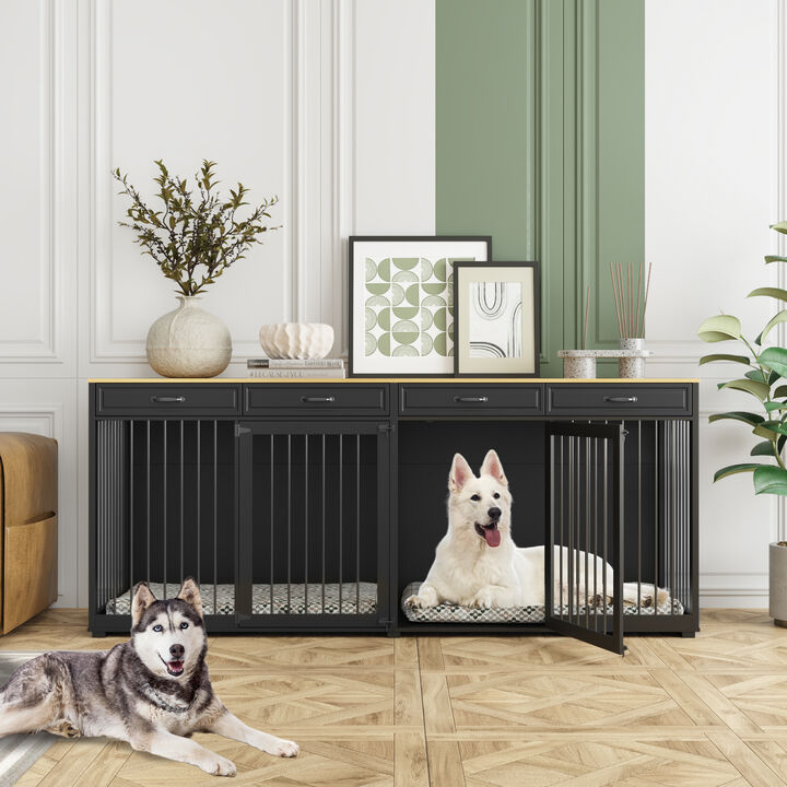 Large Dog Crate Console with Storage Drawer, 92.9" W x 27.6" D x 39.4" H