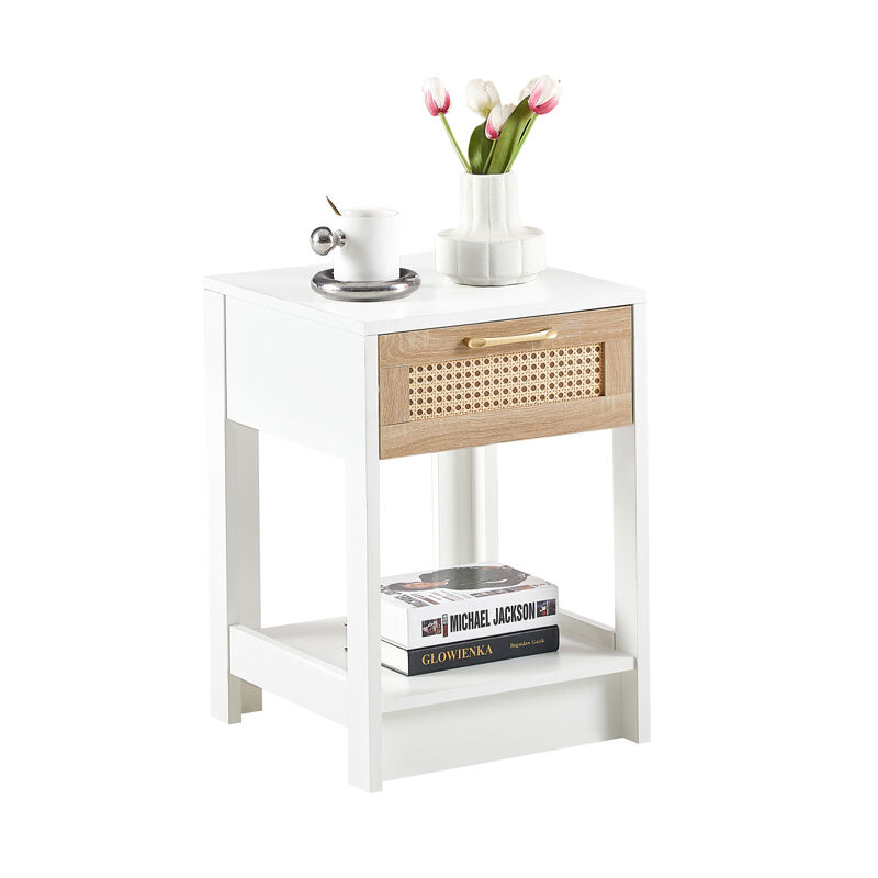 15.75" Rattan End table with drawer, Modern nightstand, side table for living roon, bedroom,white