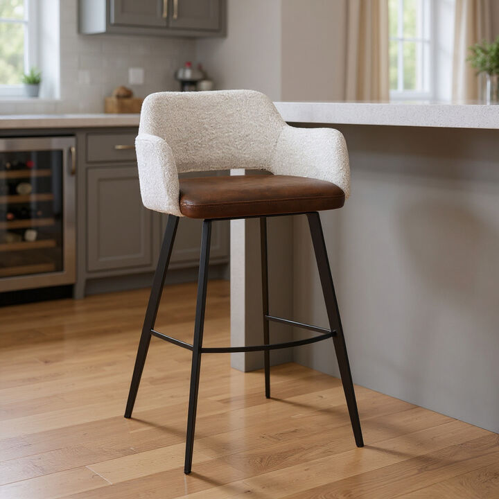 HomeRoots 30" Ivory Brown And Black Boucle Faux Leather And Steel Bar Height Swivel Bar Chair