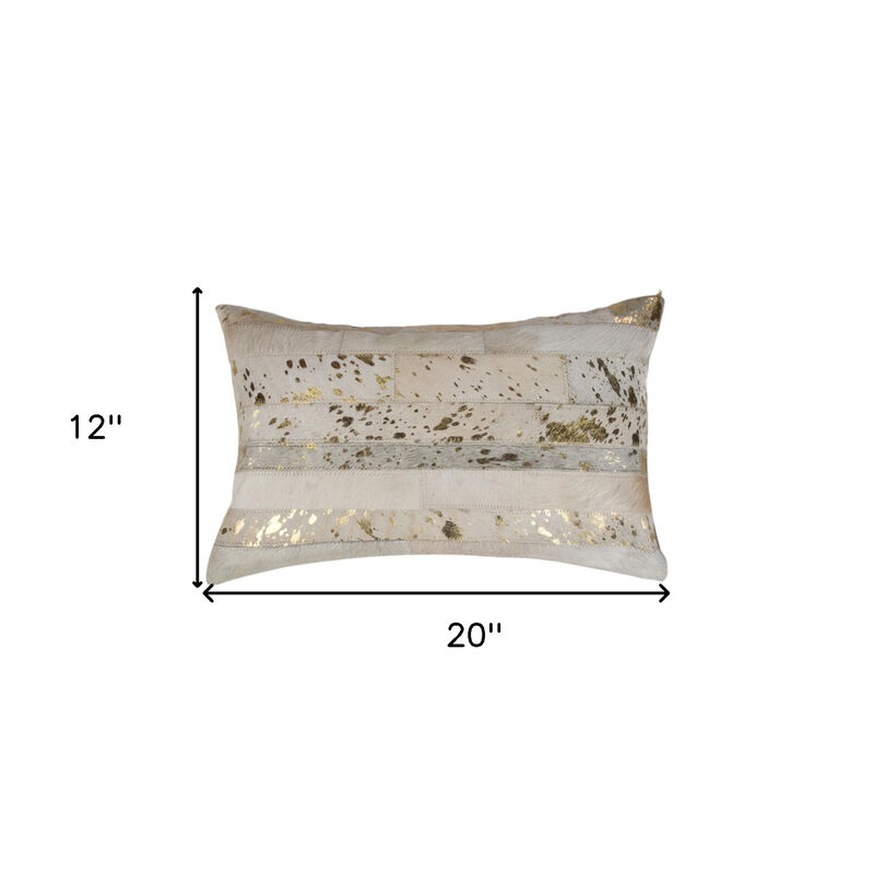 HomeRoots Set of Two 12" X 20" Natural and Gold Patchwork Cowhide Lumbar Throw Pillows with Glitter image number 5