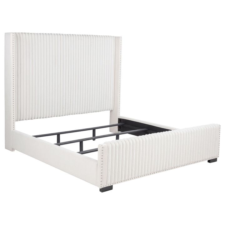 Asy King Bed, Channel Tufted Wingback Headboard, White Upholstery - Benzara