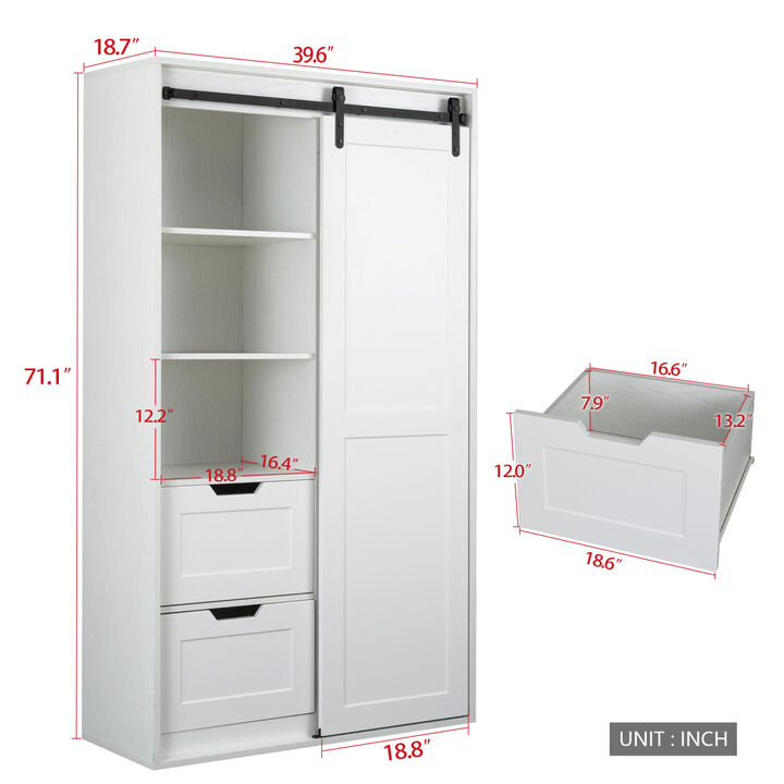71-inch High wardrobe and cabinet Clothes Locker classic sliding barn door armoscope locker organizer for bedroom cloakroom, living room, color white