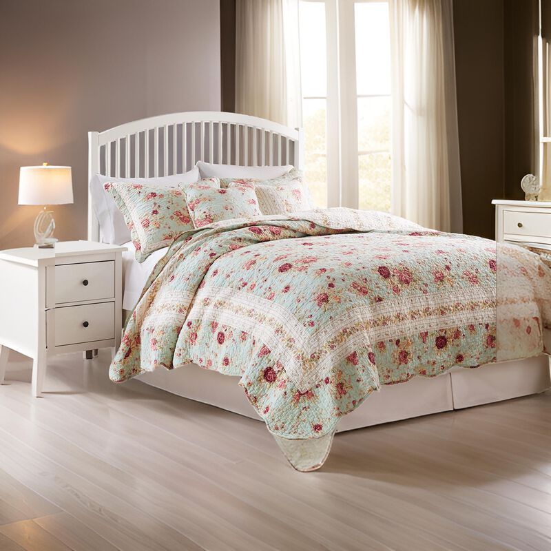 Rosle 4pc XL Twin Size Quilt Set, Shams, Patchwork Floral Print Blue Cotton - Benzara