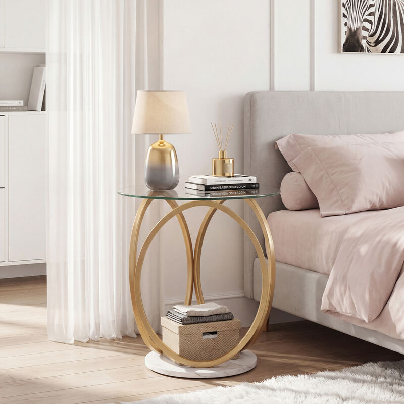 Round Accent Side Table with Faux Marble Design and Tempered Glass Top image number 5
