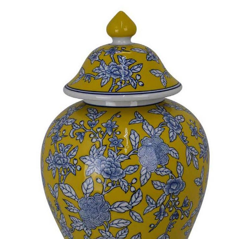 Chris Decorative Jar, Yellow Bird and Floral, Blue Ceramic 20 Inch - Benzara