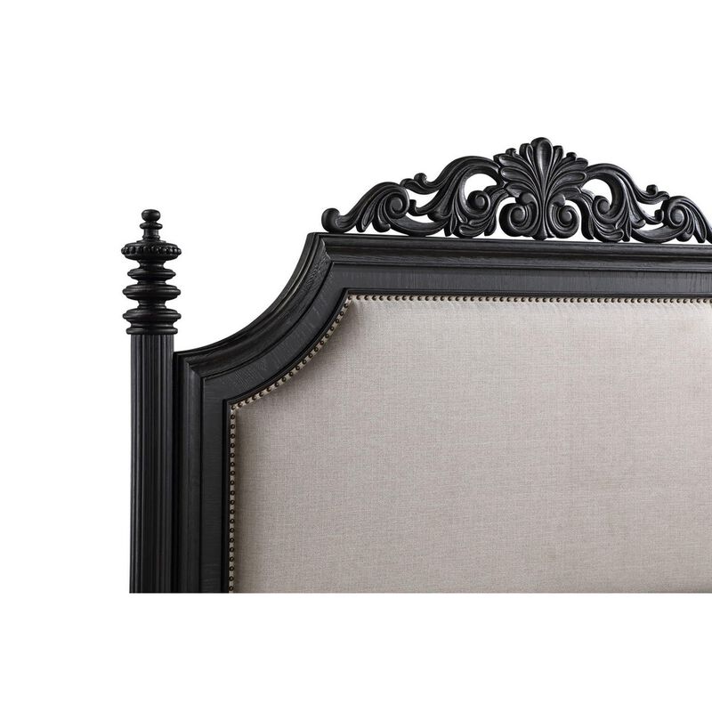 Benjara Berry Queen Size Bed, Scrolled Headboard, Upholstery, Wood, Black and Cream
