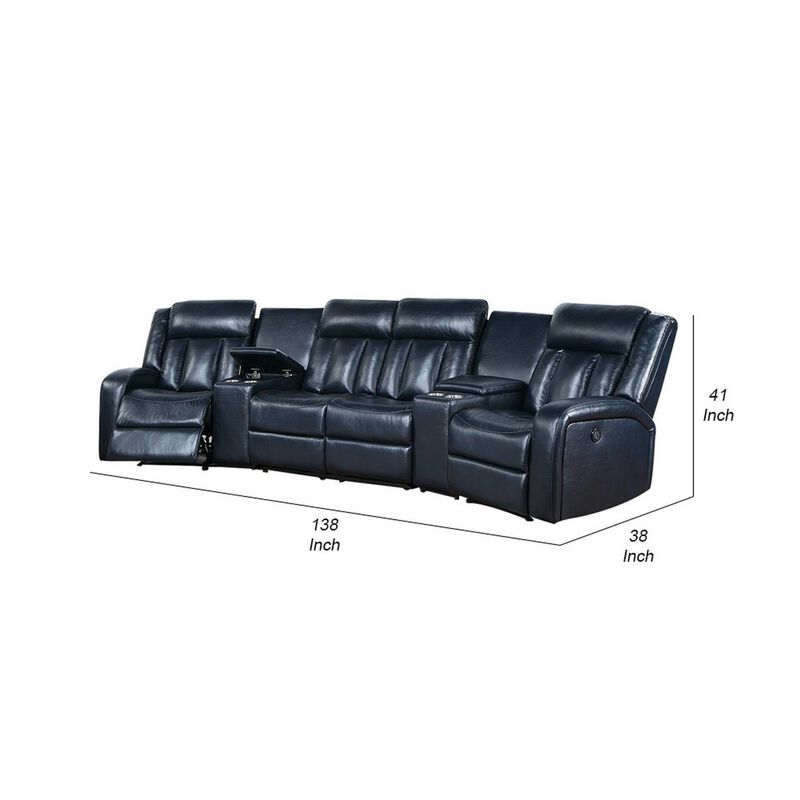 Max 5 Piece Power Recliner Sectional Sofa Set, Navy Blue Vegan Faux Leather-Benzara