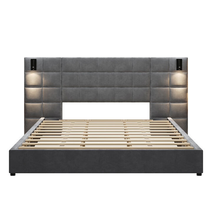 Christopher Knight Home Vanessa Modern Upholstered Velvet Bed with Reading Lamp and USB Ports
