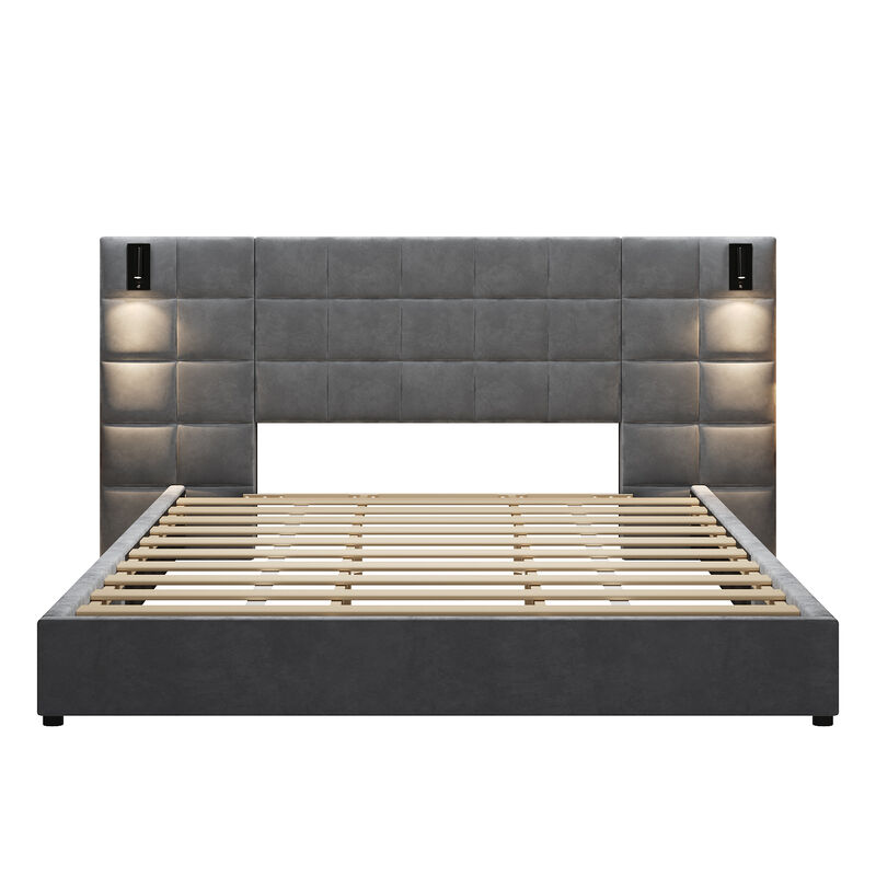 Christopher Knight Home Vanessa Modern Upholstered Velvet Bed with Reading Lamp and USB Ports image number 0