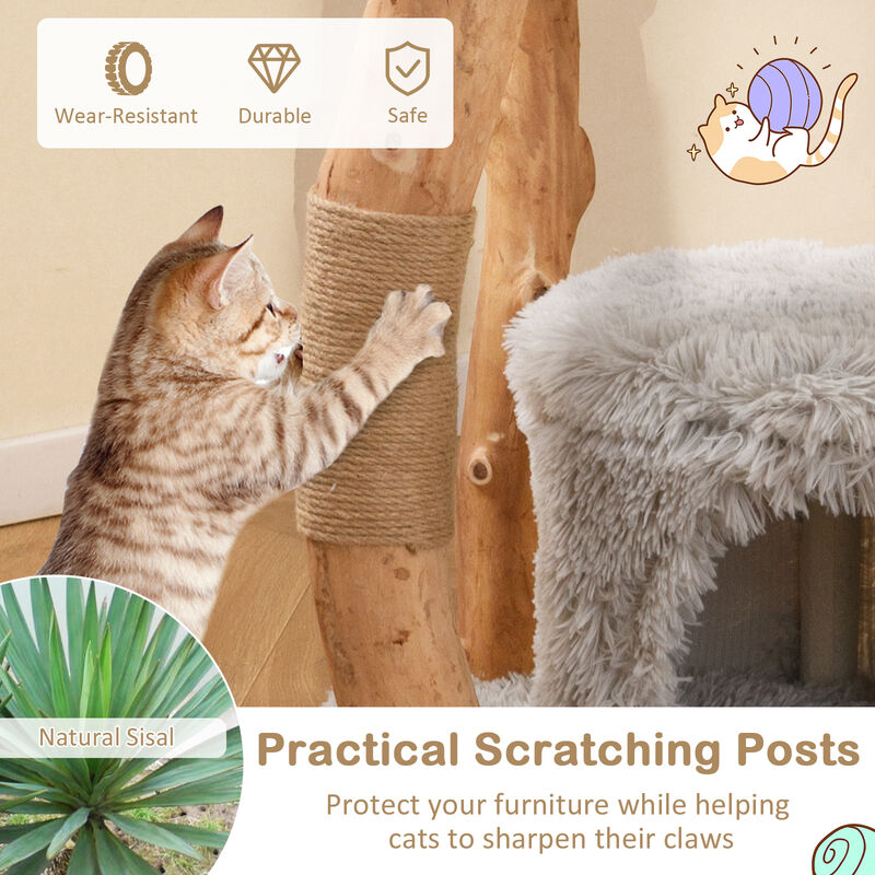 Solid Wood Cat Tree Tower – Elevated Cattail Basket Bed & Multi-Tier Activity Center