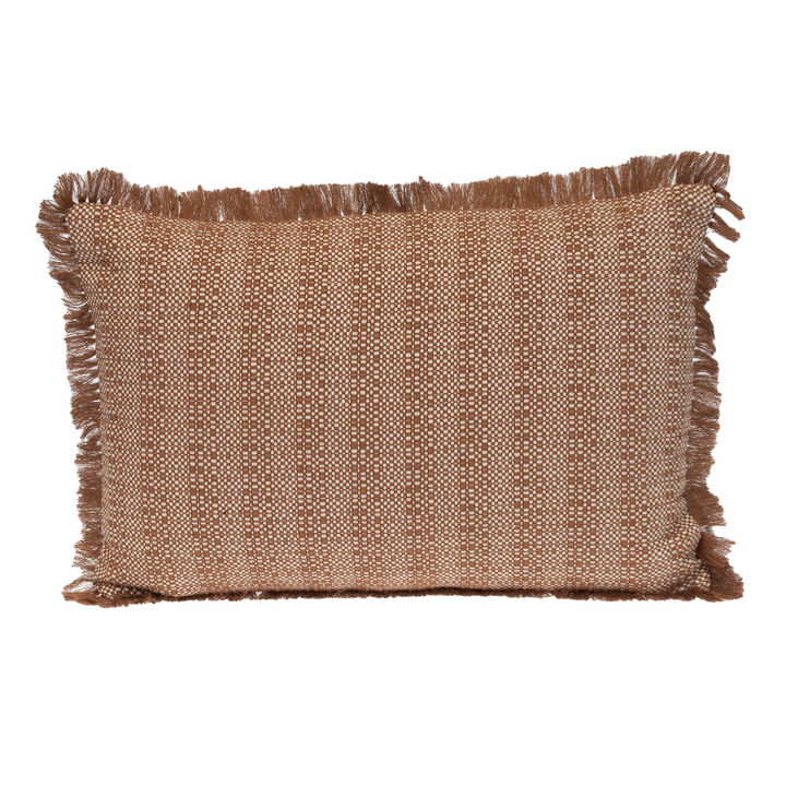 HomeRoots 14" X 20" Brown and White Cotton Lumbar Throw Pillow with Fringe